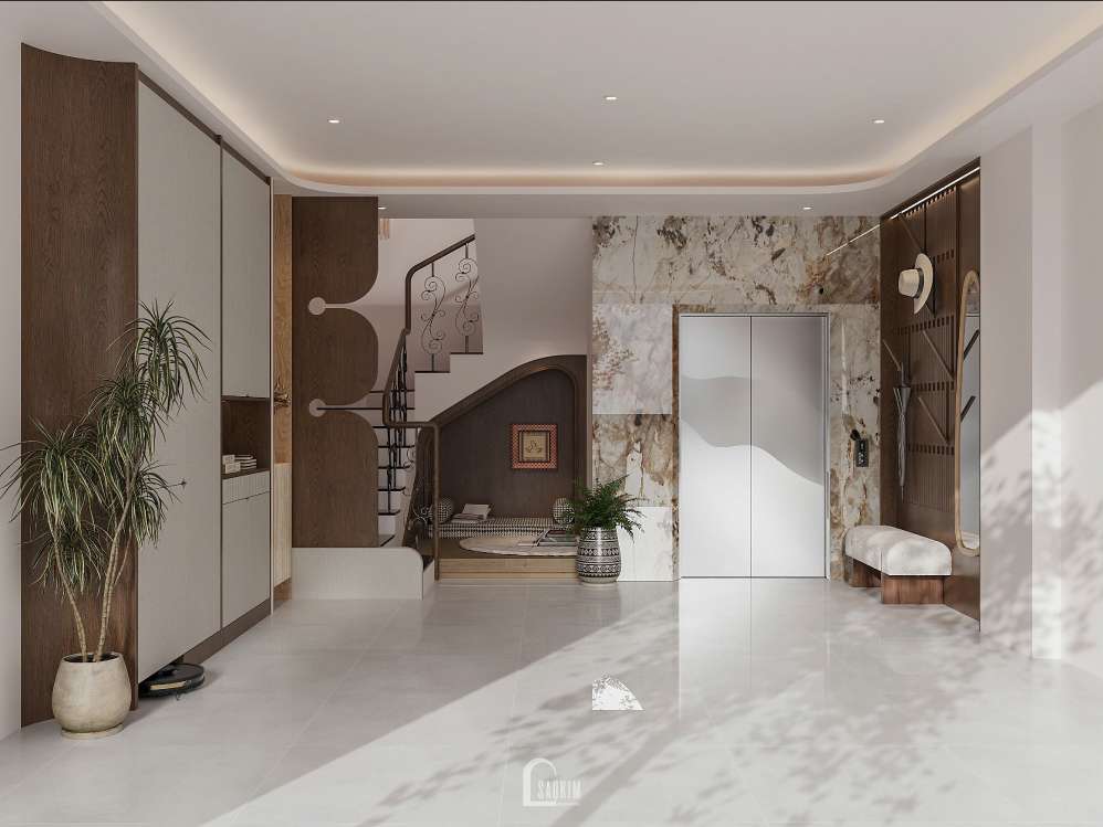 Không gian tầng 1 trong thiết kế nhà phố Long Biên phong cách Wabi Sabi
